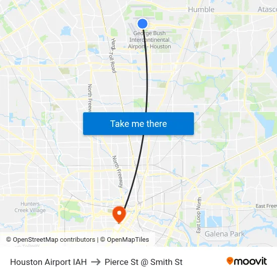 Houston Airport IAH to Pierce St @ Smith St map