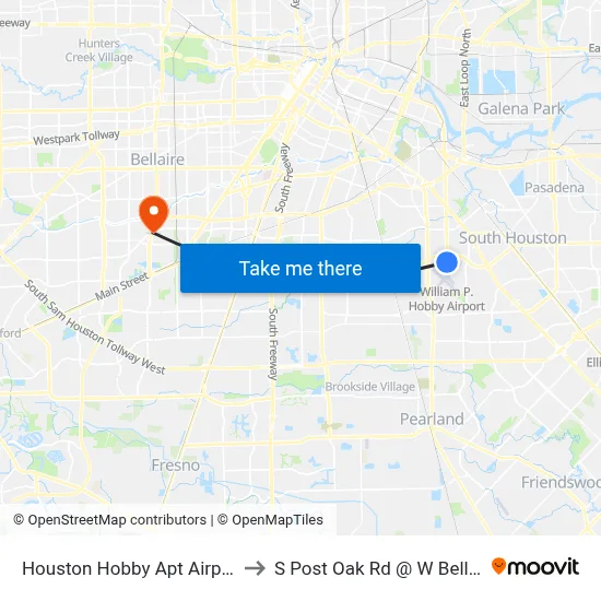 Houston Hobby Apt Airport HOU to S Post Oak Rd @ W Bellfort Ave map