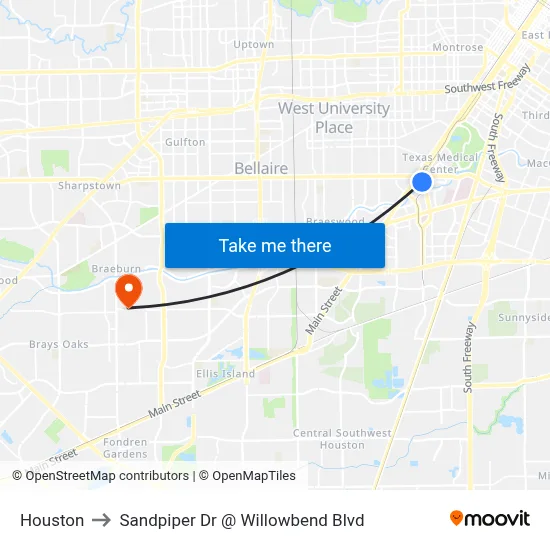Houston to Sandpiper Dr @ Willowbend Blvd map