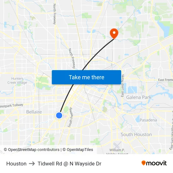 Houston to Tidwell Rd @ N Wayside Dr map