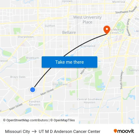 Missouri City to UT M D Anderson Cancer Center map