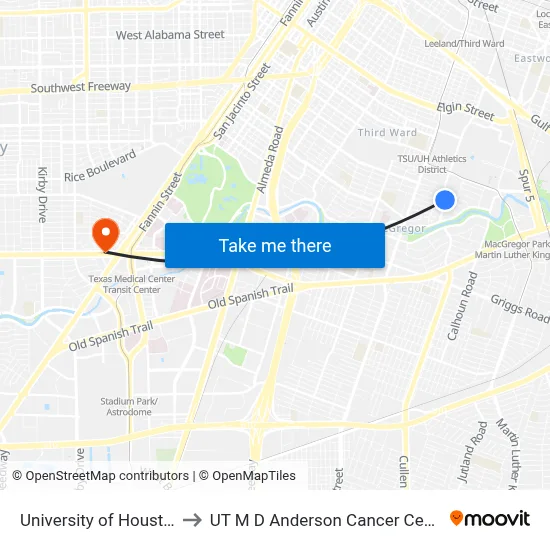 University of Houston to UT M D Anderson Cancer Center map