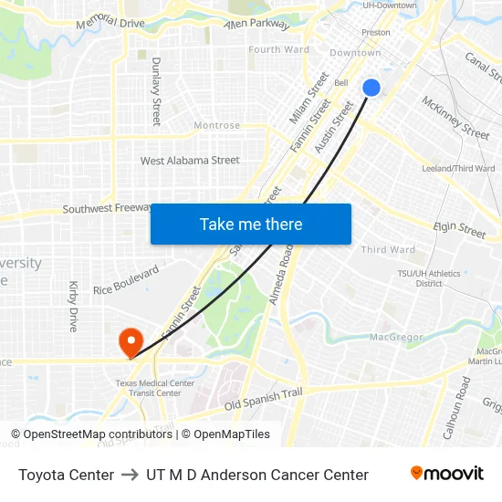 Toyota Center to UT M D Anderson Cancer Center map