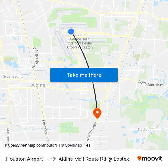 Houston Airport IAH to Aldine Mail Route Rd @ Eastex Freew map
