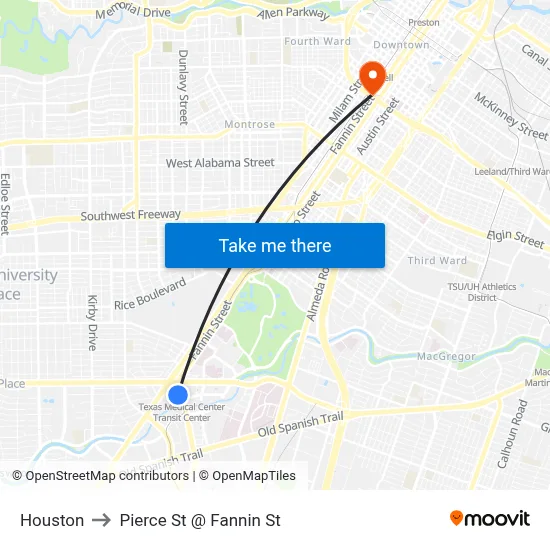 Houston to Pierce St @ Fannin St map