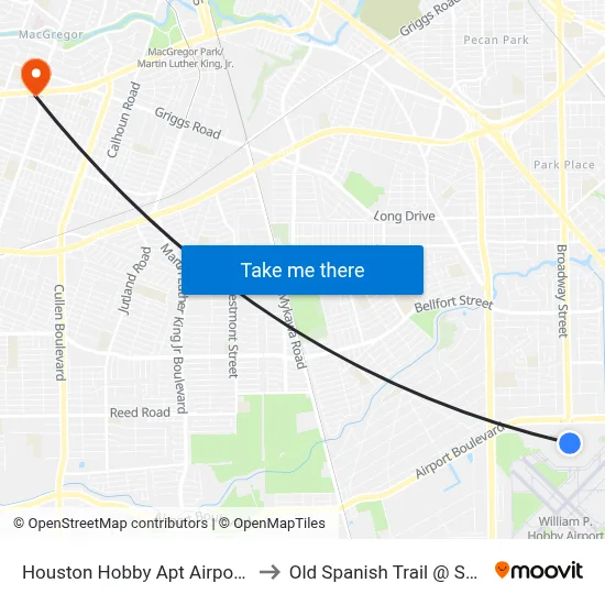 Houston Hobby Apt Airport HOU to Old Spanish Trail @ Scott St map
