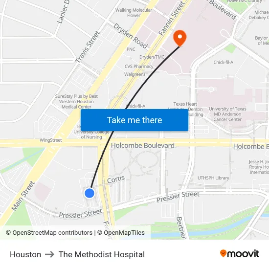 Houston to The Methodist Hospital map
