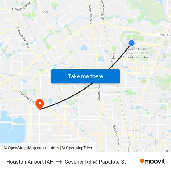 Houston Airport IAH to Gessner Rd @ Papalote St map