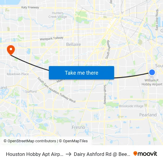 Houston Hobby Apt Airport HOU to Dairy Ashford Rd @ Beechnut St map