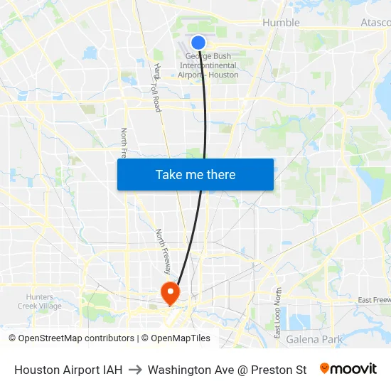 Houston Airport IAH to Washington Ave @ Preston St map