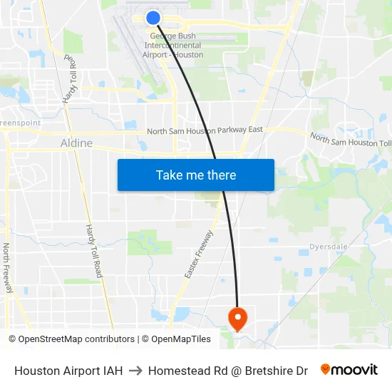 Houston Airport IAH to Homestead Rd @ Bretshire Dr map