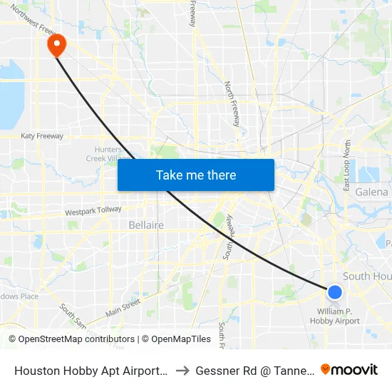 Houston Hobby Apt Airport HOU to Gessner Rd @ Tanner Rd map