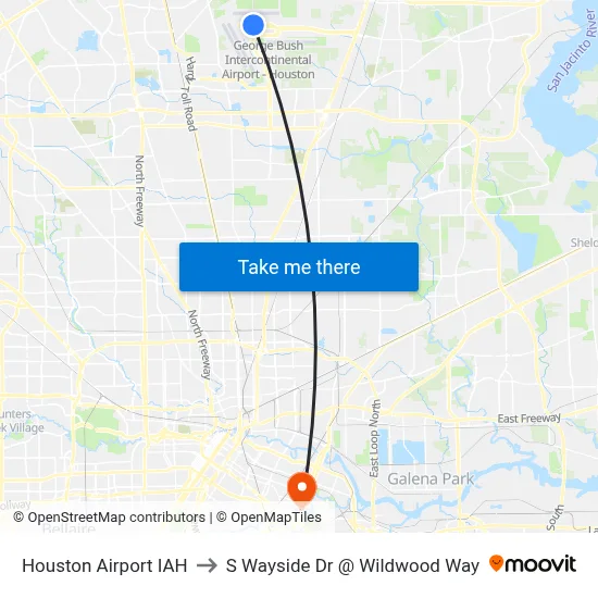 Houston Airport IAH to S Wayside Dr @ Wildwood Way map
