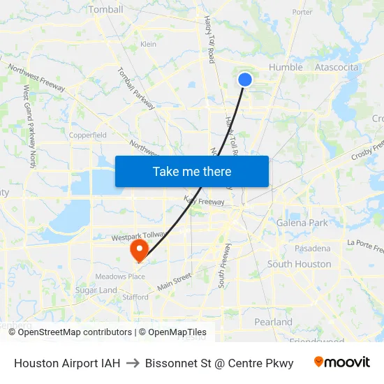 Houston Airport IAH to Bissonnet St @ Centre Pkwy map