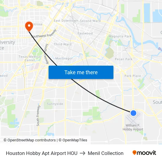 Houston Hobby Apt Airport HOU to Menil Collection map