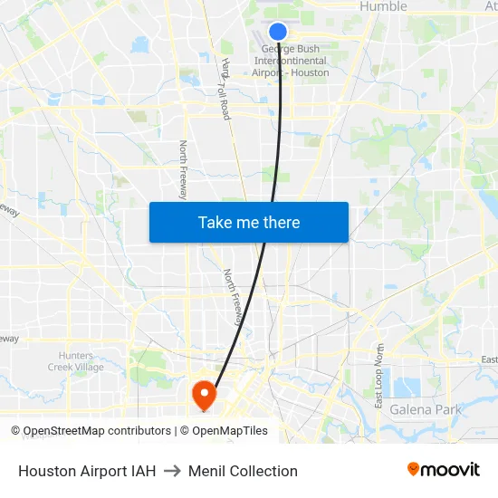 Houston Airport IAH to Menil Collection map
