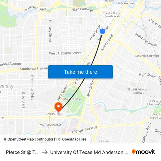 Pierce St @ Travis St to University Of Texas Md Anderson Cancer Center map