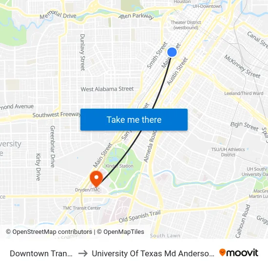 Downtown Transit Center to University Of Texas Md Anderson Cancer Center map