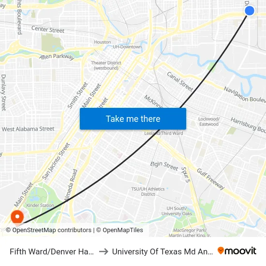 Fifth Ward/Denver Harbor Transit Center to University Of Texas Md Anderson Cancer Center map