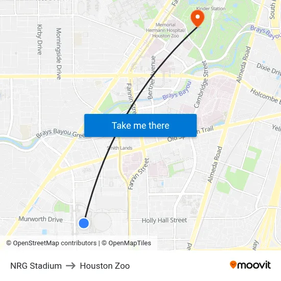 NRG Stadium to Houston Zoo map