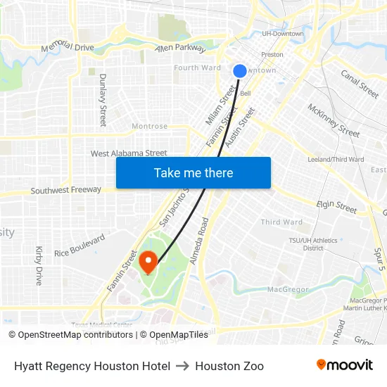 Hyatt Regency Houston Hotel to Houston Zoo map