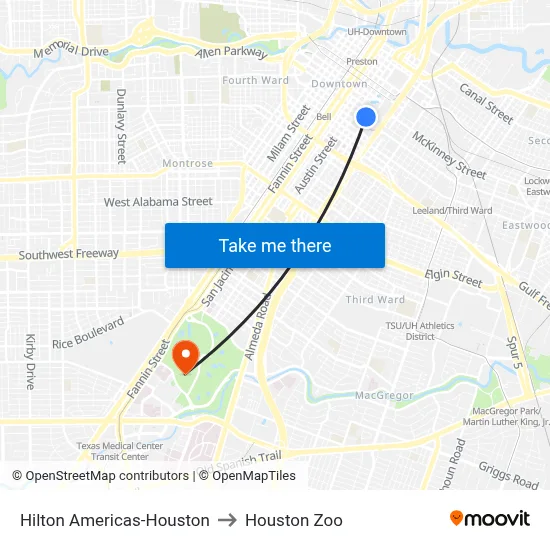 Hilton Americas-Houston to Houston Zoo map