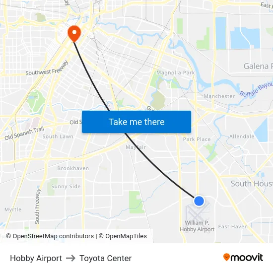 Hobby Airport to Toyota Center map