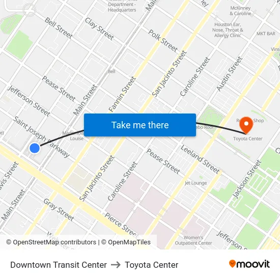 Downtown Transit Center to Toyota Center map