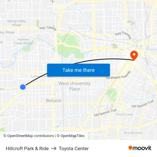 Hillcroft Park & Ride to Toyota Center map