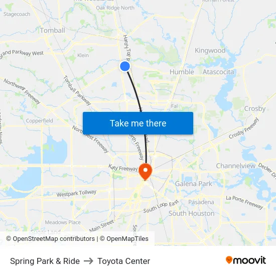 Spring Park & Ride to Toyota Center map
