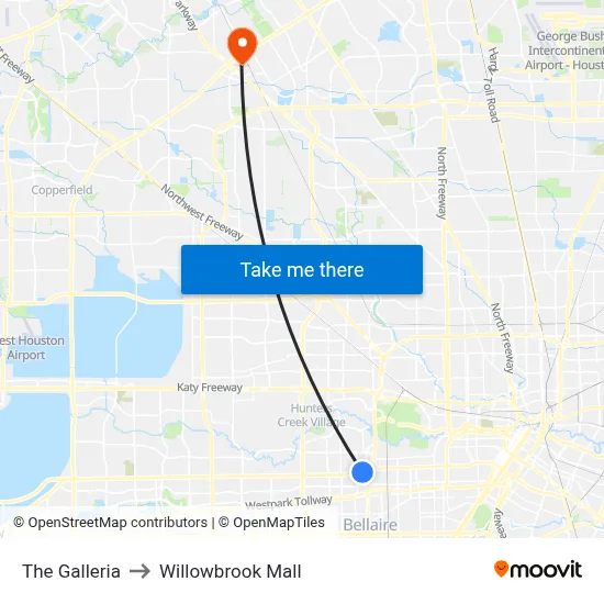 The Galleria to Willowbrook Mall map