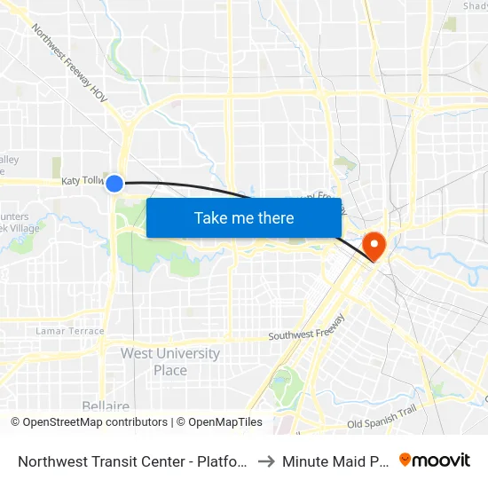 Northwest Transit Center - Platform 1 to Minute Maid Park map