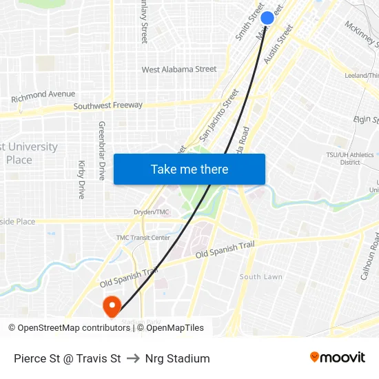 Pierce St @ Travis St to Nrg Stadium map