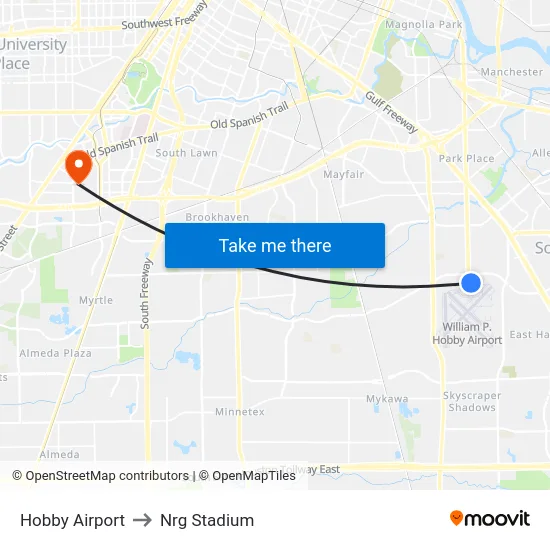 Hobby Airport to Nrg Stadium map