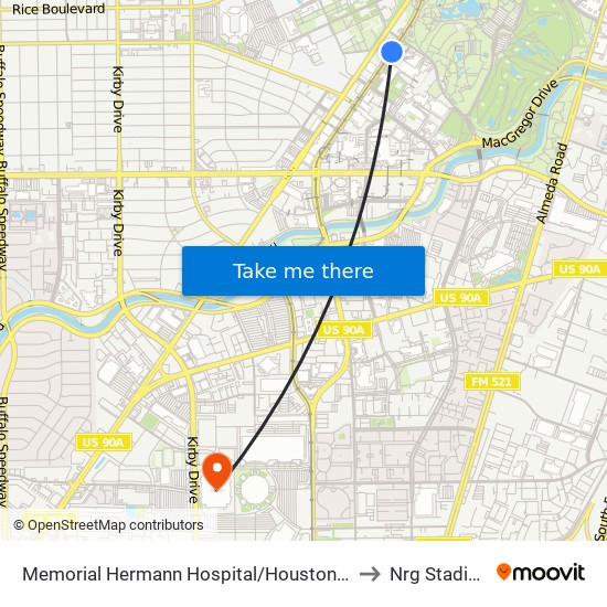 Memorial Hermann Hospital/Houston Zoo to Nrg Stadium map