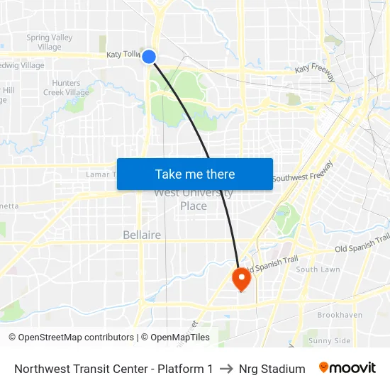 Northwest Transit Center - Platform 1 to Nrg Stadium map