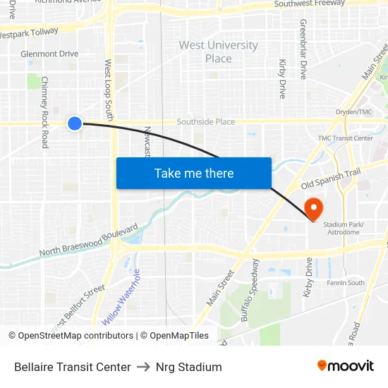 Bellaire Transit Center to Nrg Stadium map