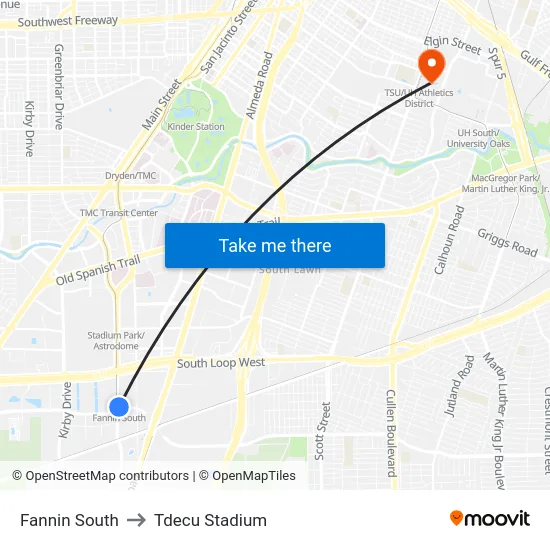 Fannin South to Tdecu Stadium map
