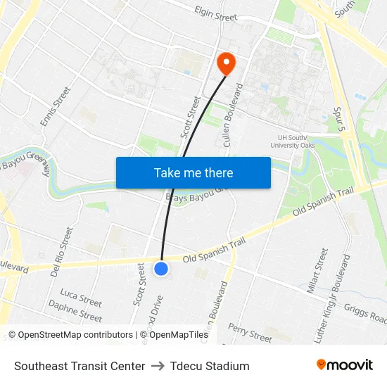Southeast Transit Center to Tdecu Stadium map
