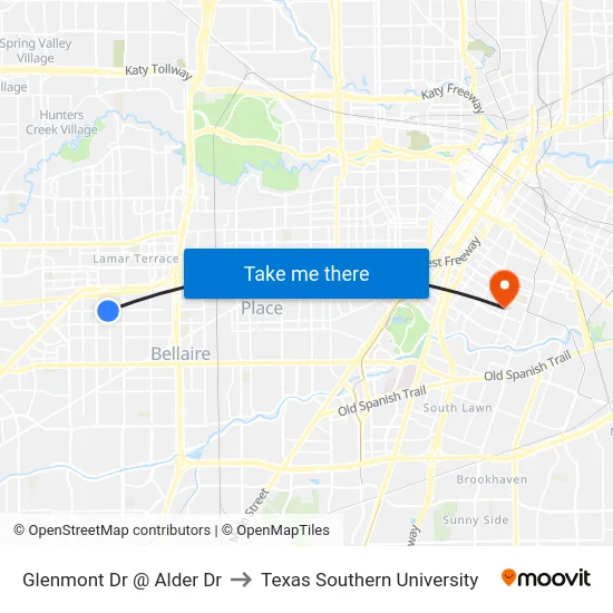 Glenmont Dr @ Alder Dr to Texas Southern University map