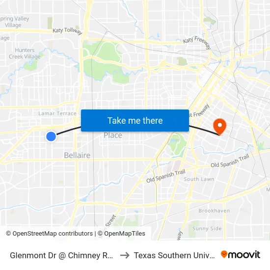 Glenmont Dr @ Chimney Rock Rd to Texas Southern University map