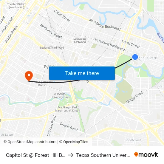 Capitol St @ Forest Hill Blvd to Texas Southern University map