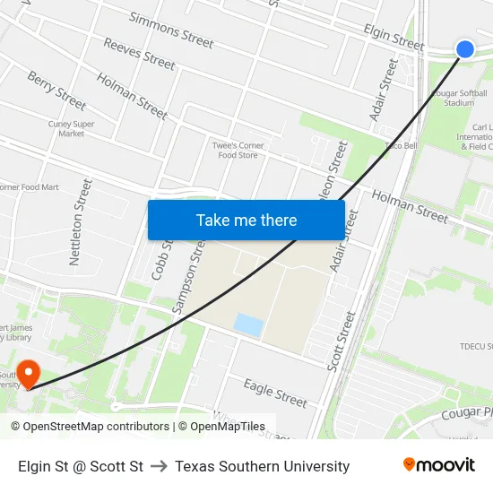 Elgin St @ Scott St to Texas Southern University map