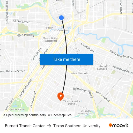 Burnett Transit Center to Texas Southern University map