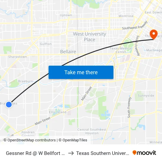 Gessner Rd @ W Bellfort Ave to Texas Southern University map