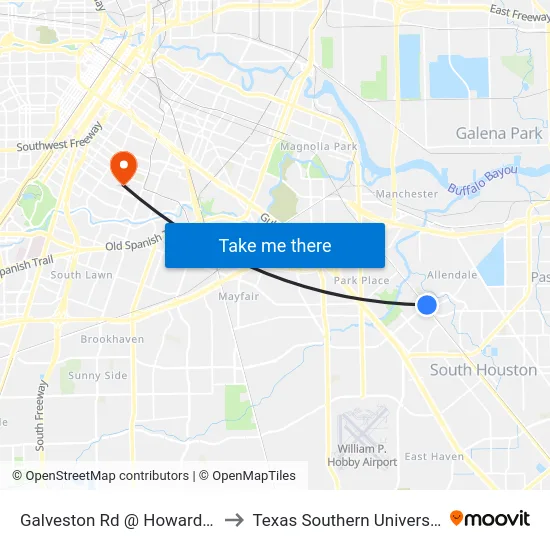 Galveston Rd @ Howard Dr to Texas Southern University map