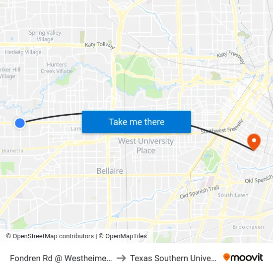 Fondren Rd @ Westheimer Rd to Texas Southern University map