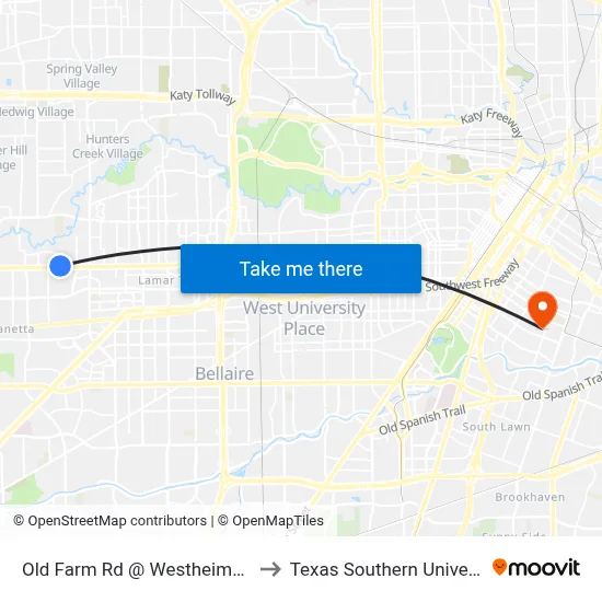 Old Farm Rd @ Westheimer Rd to Texas Southern University map