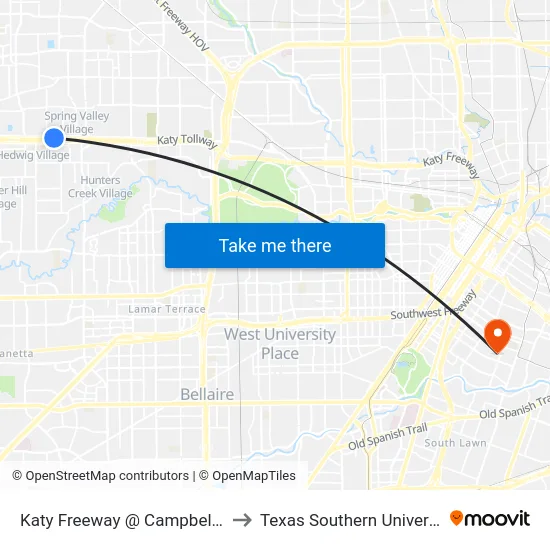 Katy Freeway @ Campbell Rd to Texas Southern University map