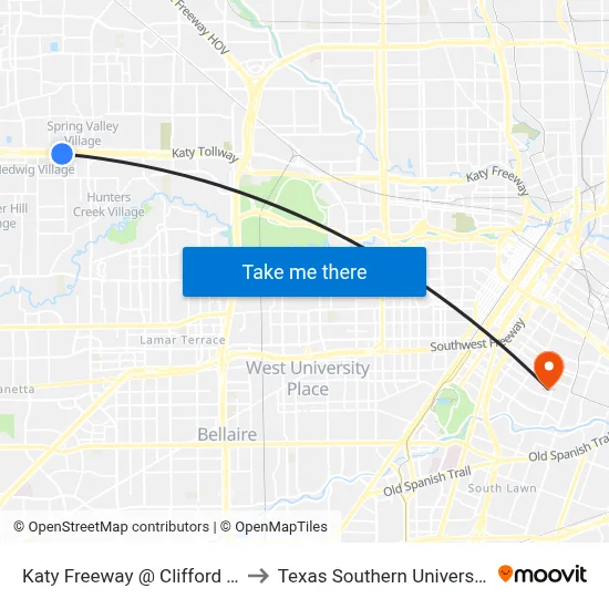 Katy Freeway @ Clifford St to Texas Southern University map